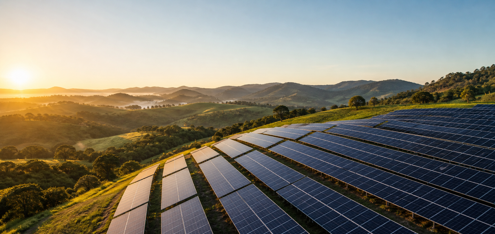 Usina solar em uma paisagem rural ao amanhecer